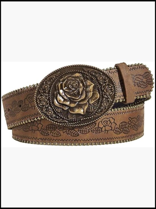 Vintage Western Belt with Heart Embossed Buckle PU Leather Adjustable main image 5